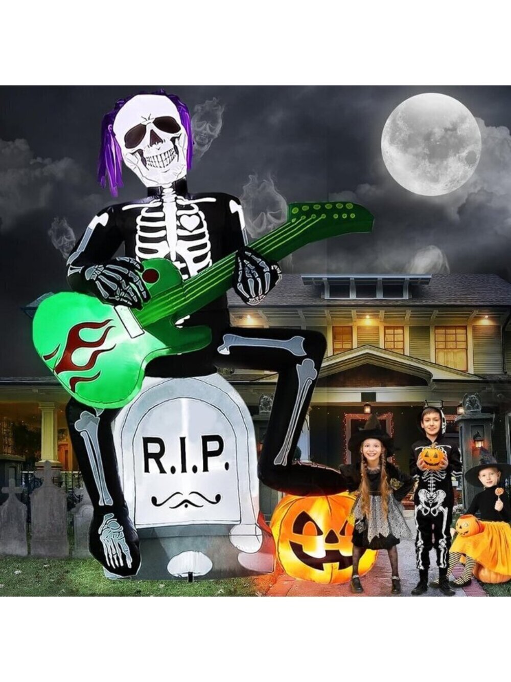 Lorvain 7 FT Halloween Inflatables Decorations Outdoor Skeleton Ghost Tombstone
